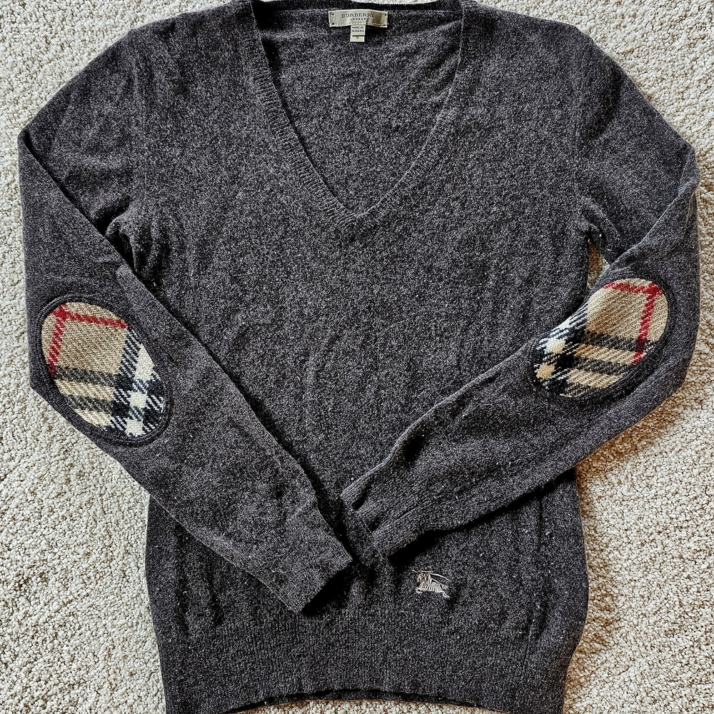Gray V-Neck Sweater with Plaid Elbow Patches